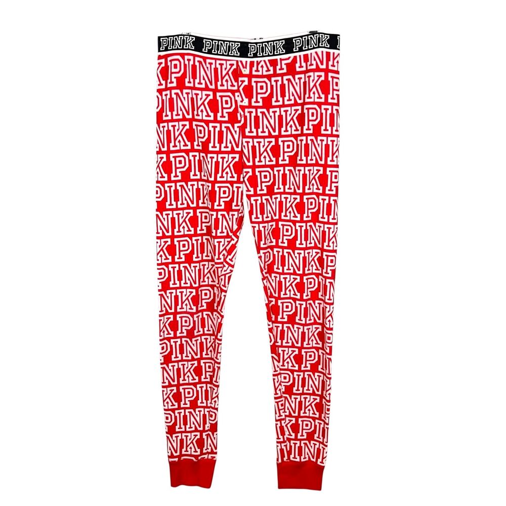 PINK Victoria's Secret Red White Allover Logo Sleep Lounge Pajama Pants Medium